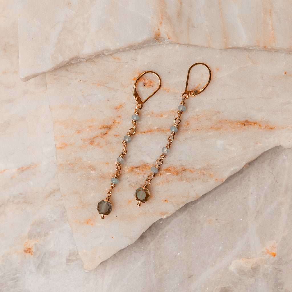 Cosette Aquamarine Earrings, elegantly packaged for gifting. Thoughtful and meaningful present featuring handcrafted design, aquamarine gemstones, and gold-filled accents