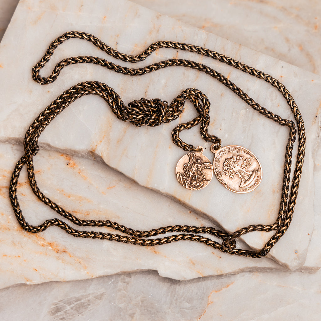 Sophie Necklace - Versatile lariat necklace with antique brass chain and Holy Family & St. Michael medals