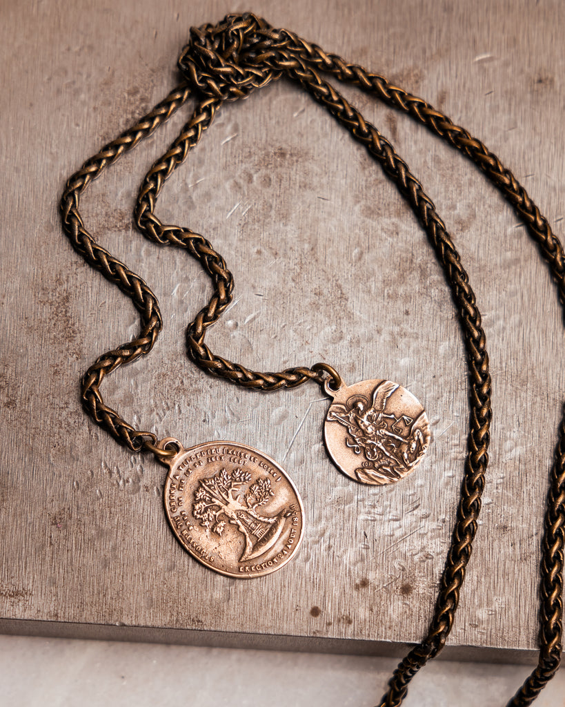 Versatile lariat necklace with antique brass chain and Holy Family & St. Michael medals