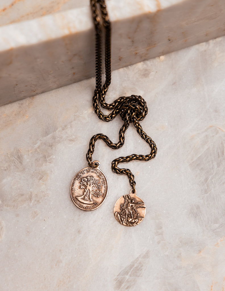 Sophie Necklace - Versatile lariat necklace with antique brass chain and Holy Family & St. Michael medals