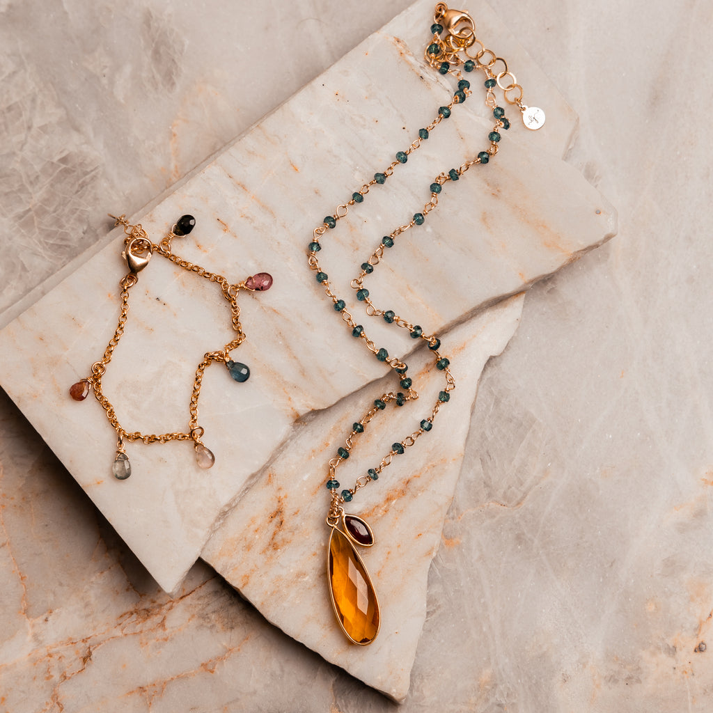 Adjustable 16-18 inch necklace with blue gemstone chain and golden citrine drop and matching gemstone bracelet