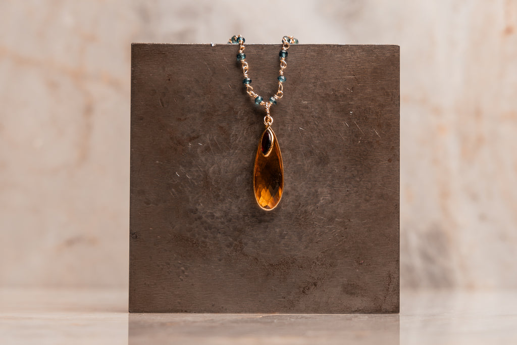 Unique gold-filled necklace with London blue topaz beads and citrine teardrop