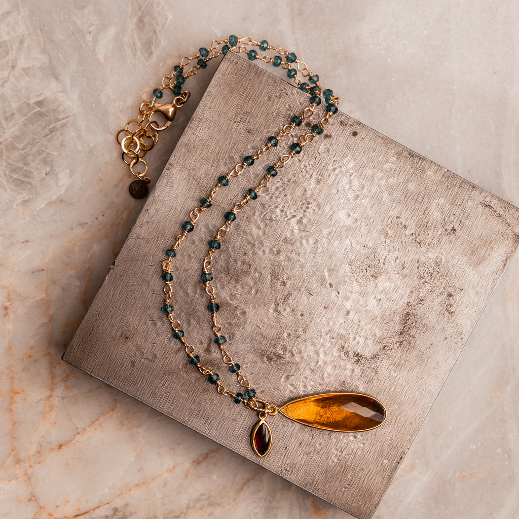 Adjustable 16-18 inch necklace with blue gemstone chain and golden citrine drop