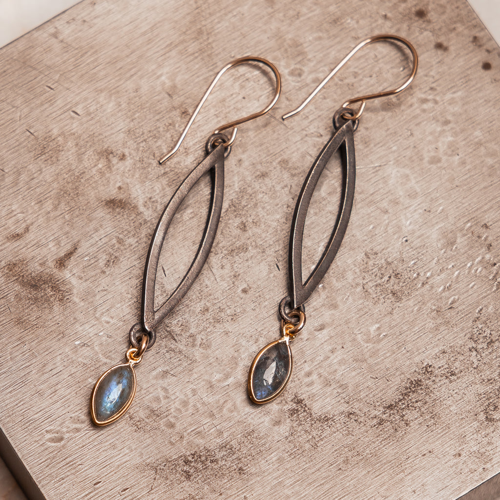 Statement dangle earrings in silver and gold with natural labradorite, perfect for boho luxe fashion.