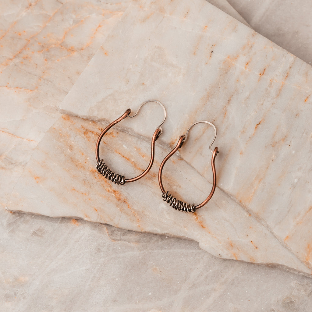 Artistic Betsy Hoop Earrings - Meticulously Handcrafted with Oxidized Copper and Sterling Silver. Unique Design, Rustic Style, Great Gift Idea