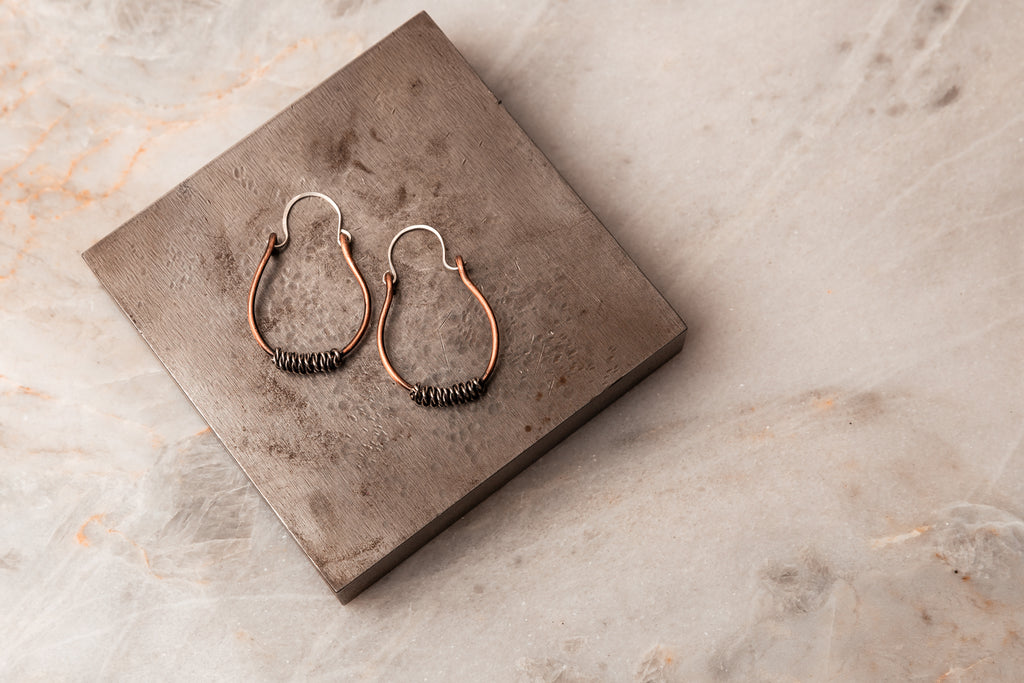 Betsy Hoop Earrings - Artisan-Crafted Mixed Metal Design, Hand-Forged with Oxidized Copper and Sterling Silver. Bohemian Flair, Unique Gift.
