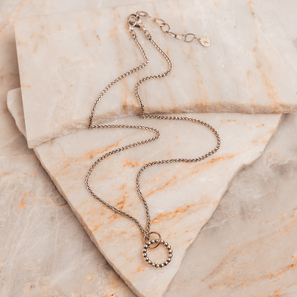 Delicate silver and gold-filled pendant necklace with French wheat chain, designed for timeless, versatile jewelry styling