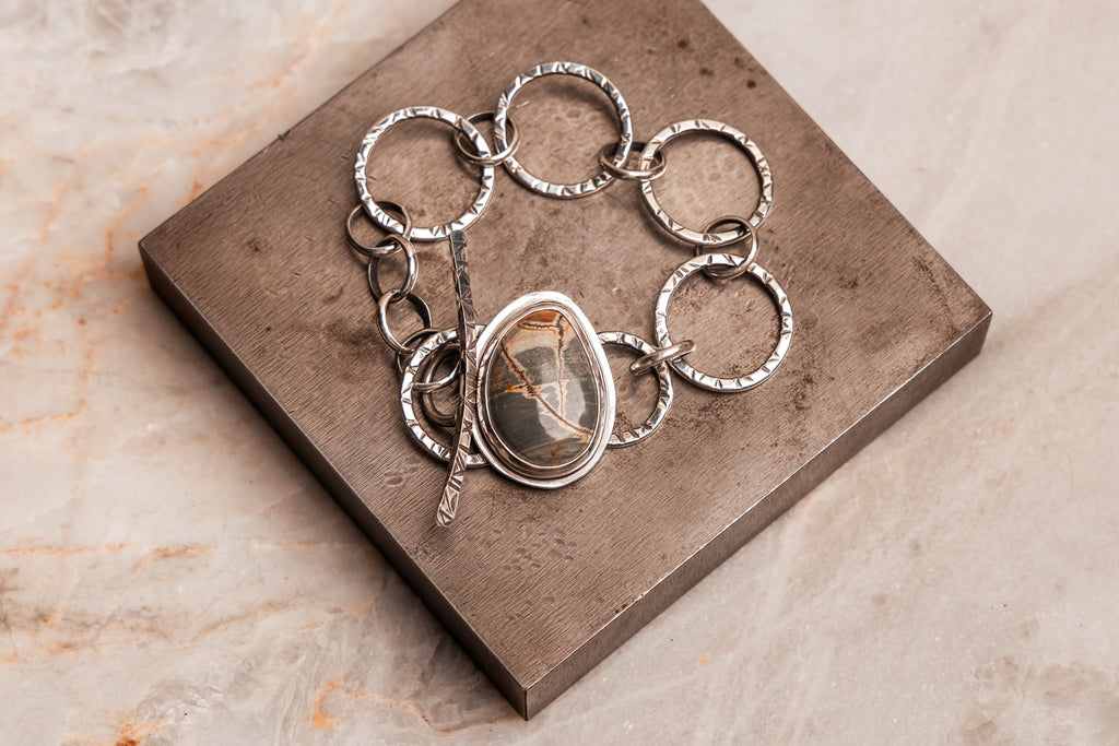 Wild beauty bracelet – artisan hammered silver statement jewelry with jasper.
