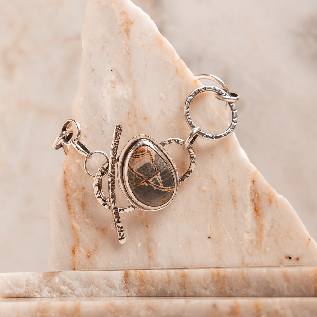 Natural stone bracelet – dendritic jasper gemstone set in sterling silver design.