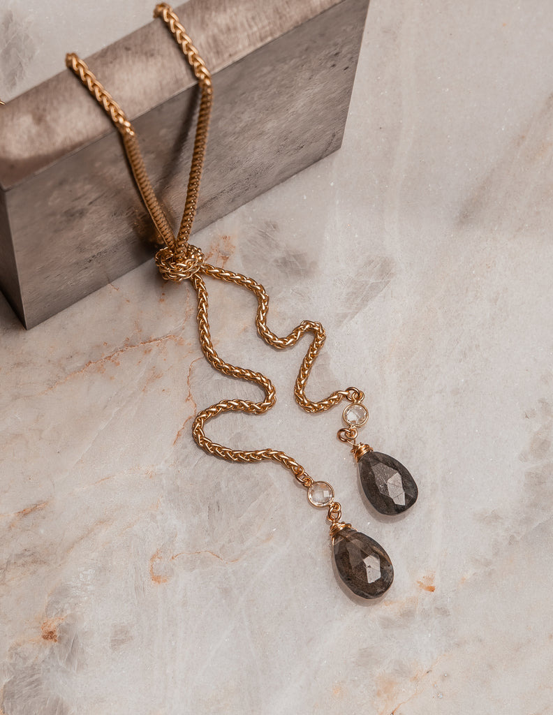 "Luxurious French wheat chain lariat with dual gemstone drops - Carla designer jewelry"


