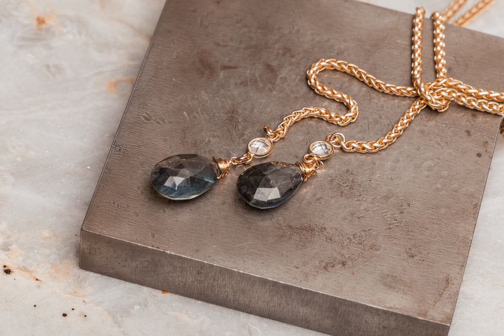 "Versatile gold wheat chain lariat with natural labradorite drops - Carla statement necklace"

