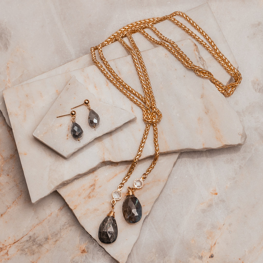 "Designer lariat necklace with labradorite and crystal accents on gold wheat chain - 