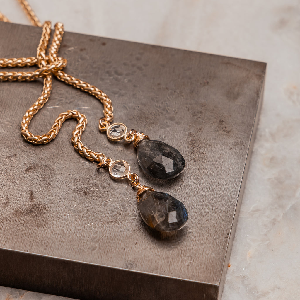 "Elegant gold overlay lariat with labradorite and crystal quartz gemstones - Carla designer necklace"

