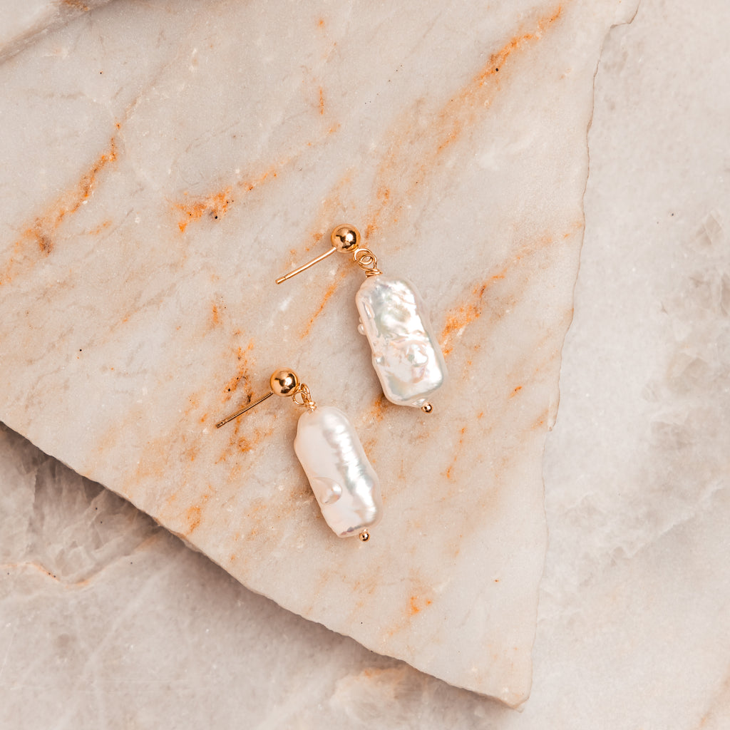 Celia Earrings – keshi pearl drop earrings on gold filled posts, lightweight and modern.