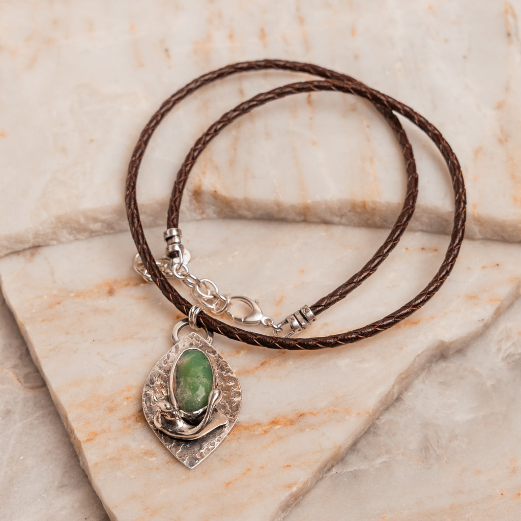 One-of-a-kind green gemstone necklace featuring chrysoprase and rustic sterling silver, designed for earthy, handcrafted style