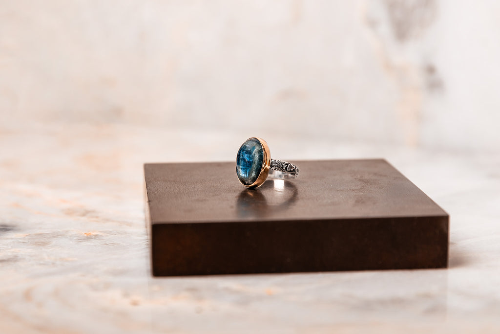 kyanite stone ring gold and silver