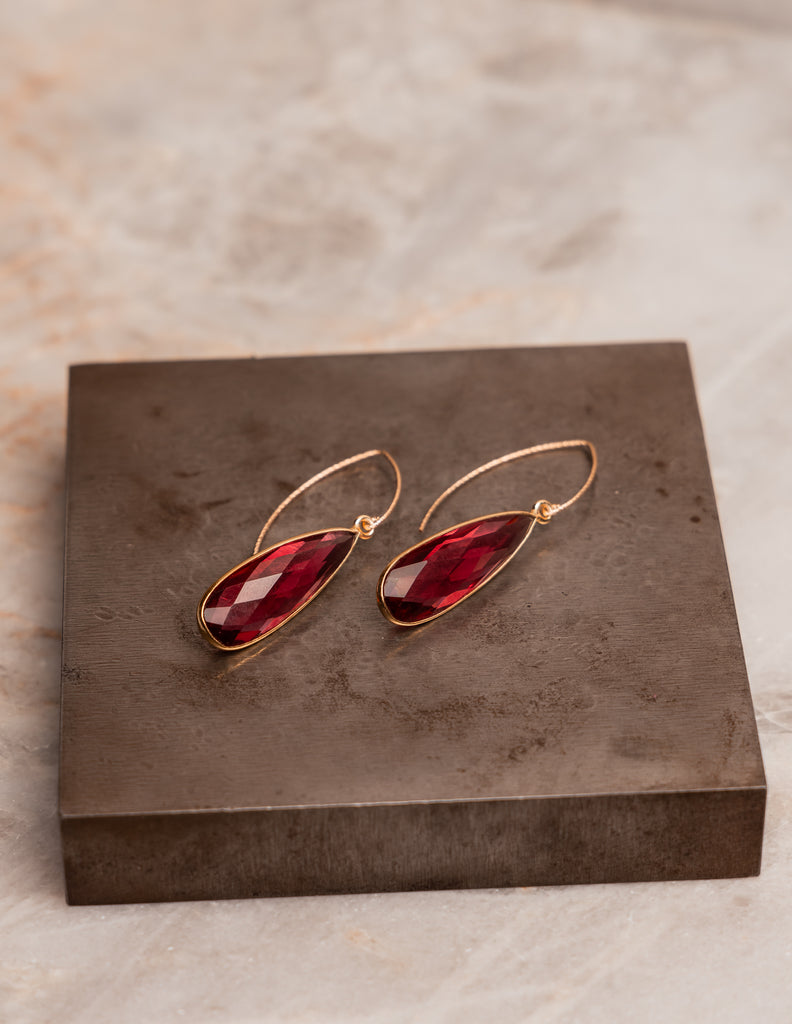 Versatile gold dangle earrings with  rubelite quartz drops