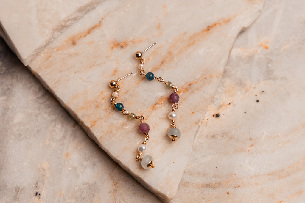Ruby and pearl earrings – artisan handmade design with aquamarine and sodalite.