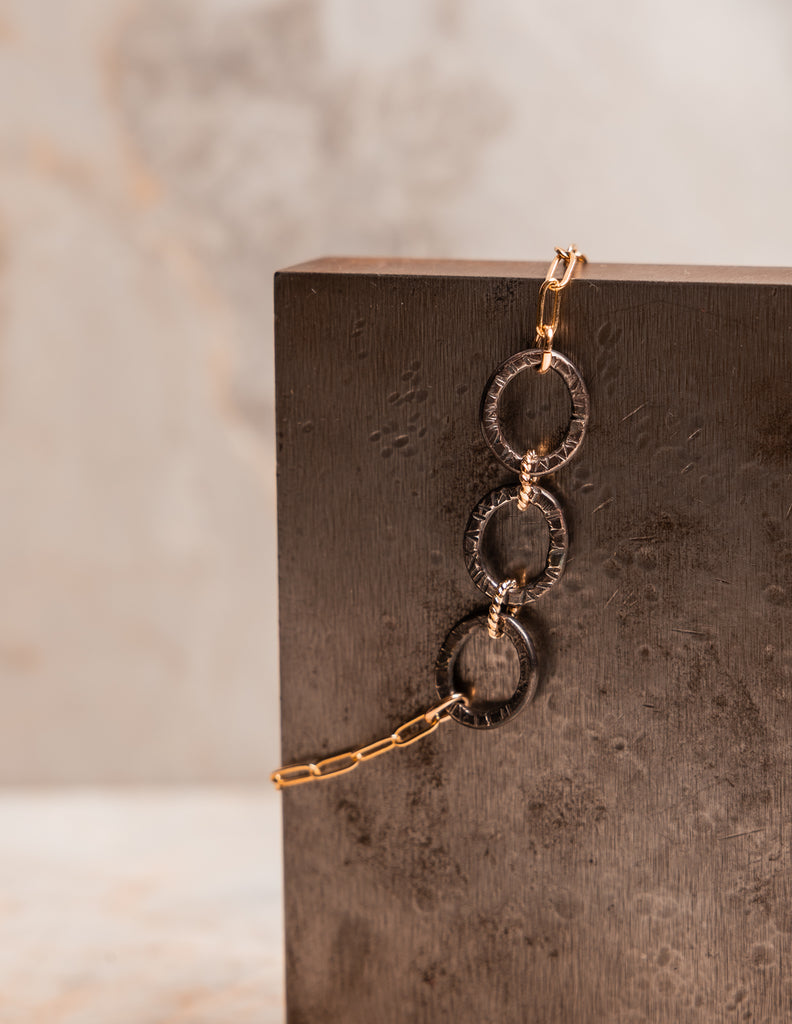 Luxury mixed metal bracelet – handcrafted artisan style with oxidized silver and gold filled accents.
