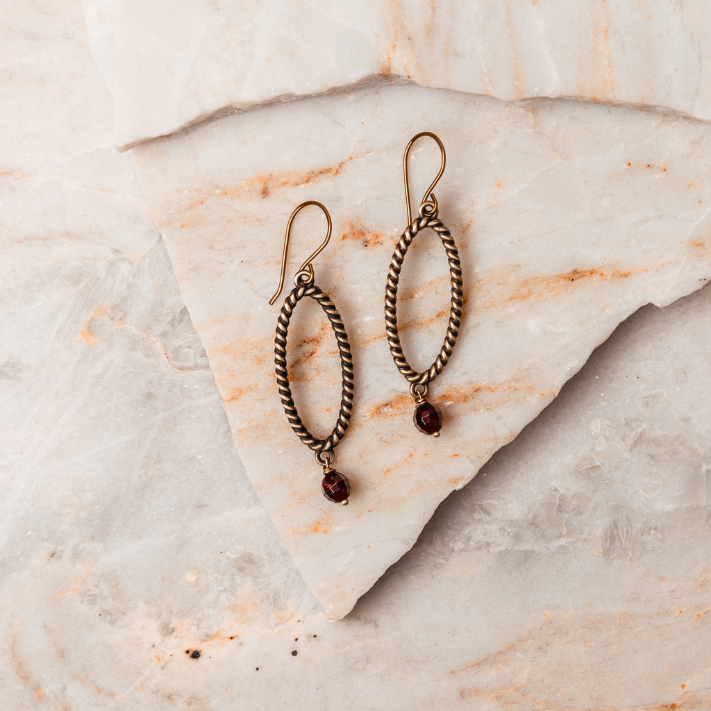 Garnet Gemstone Elegance - Michaela Earrings showcasing vintage charm with twisted wire hoops. Lightweight and a great gift for a special someone