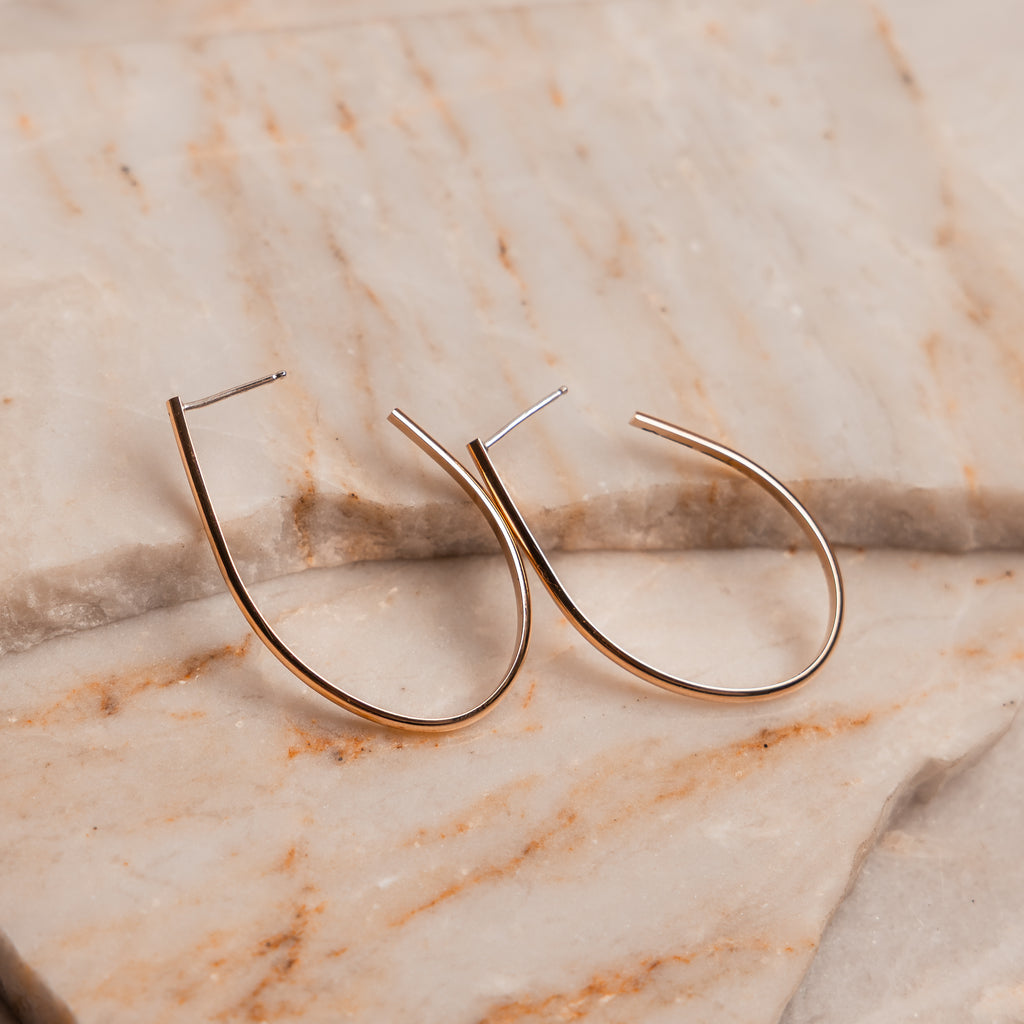 Hand forged gold filled hoop earrings, ~1 3/4" long, lightweight luxury artisan jewelry.