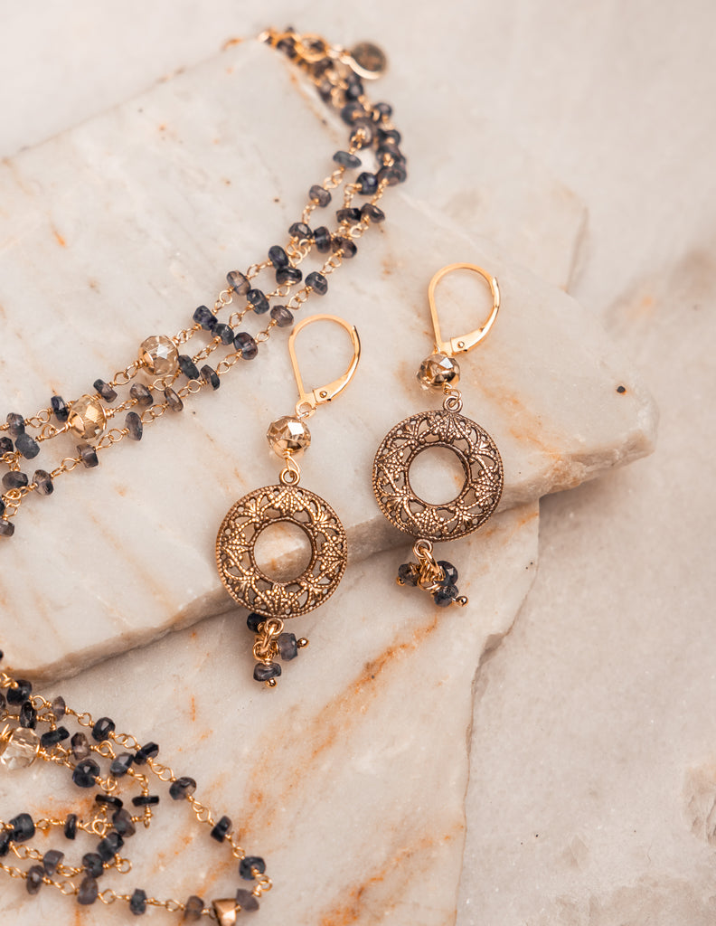 Paloma Earrings – vintage-inspired brass filigree earrings with champagne and iolite accents.