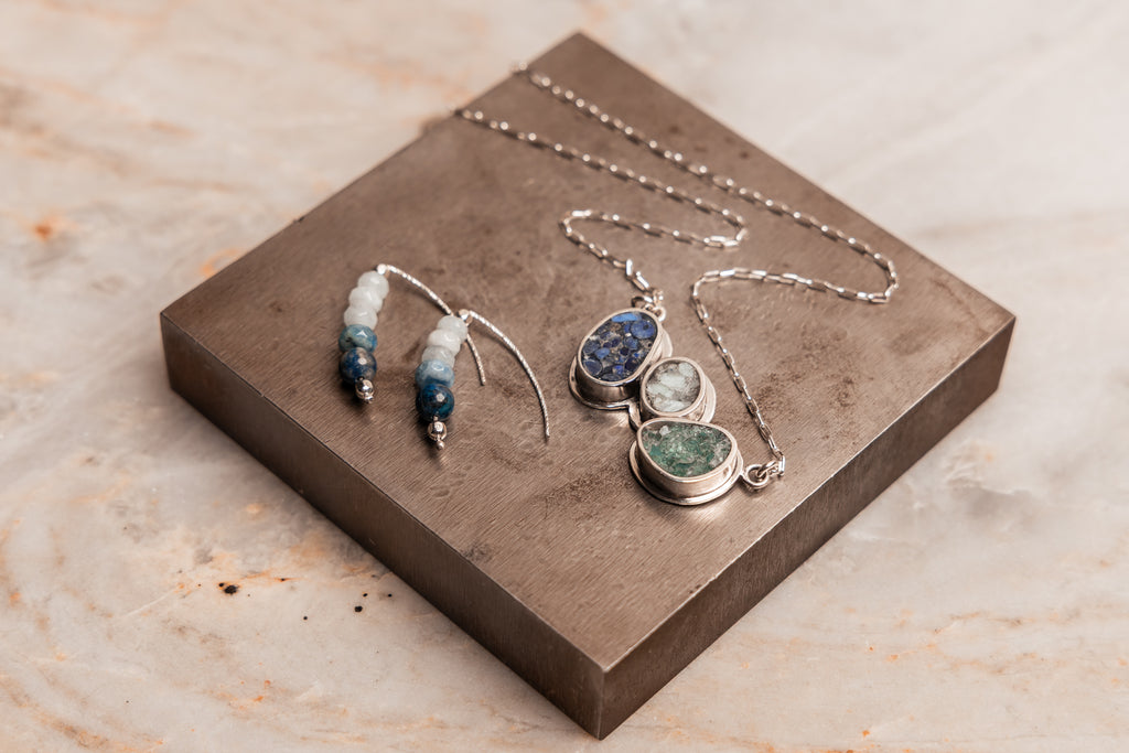 One-of-a-kind necklace and earrings featuring crushed sodalite and amazonite, created for women who love soulful statement pieces