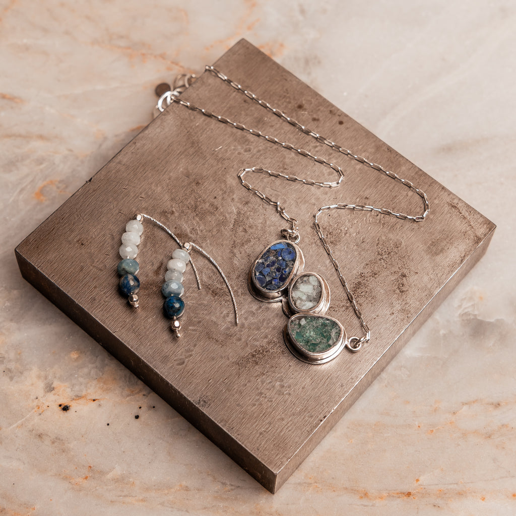 Elegant threader earrings and matching necklace with calming blue tones and minimalist design