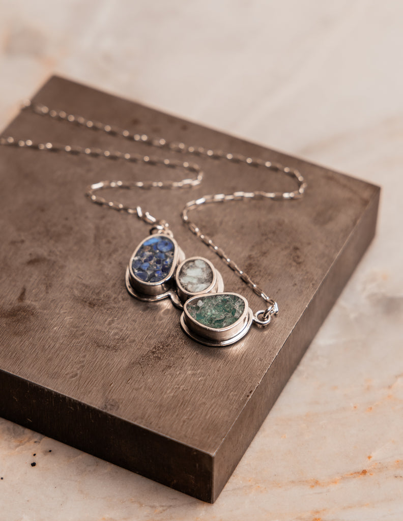 Artisan necklace with crushed gemstone inlays, handcrafted for women who love meaningful, one-of-a-kind jewelry