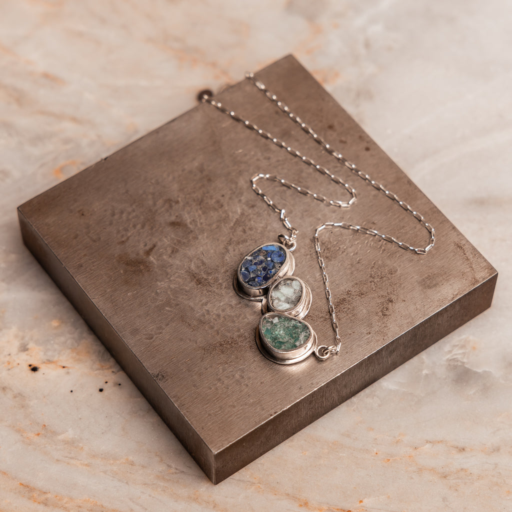 Unique handcrafted necklace with deep blue and soft green tones, perfect for women with expressive, intentional style