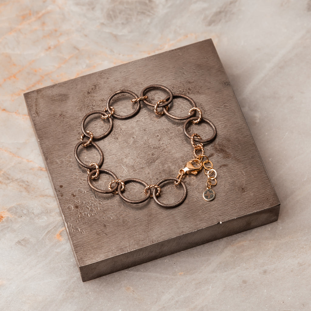 Handcrafted Serena Bracelet - Unique textures of oxidized silver and gold-filled links, versatile style, adjustable length, perfect for gifting
