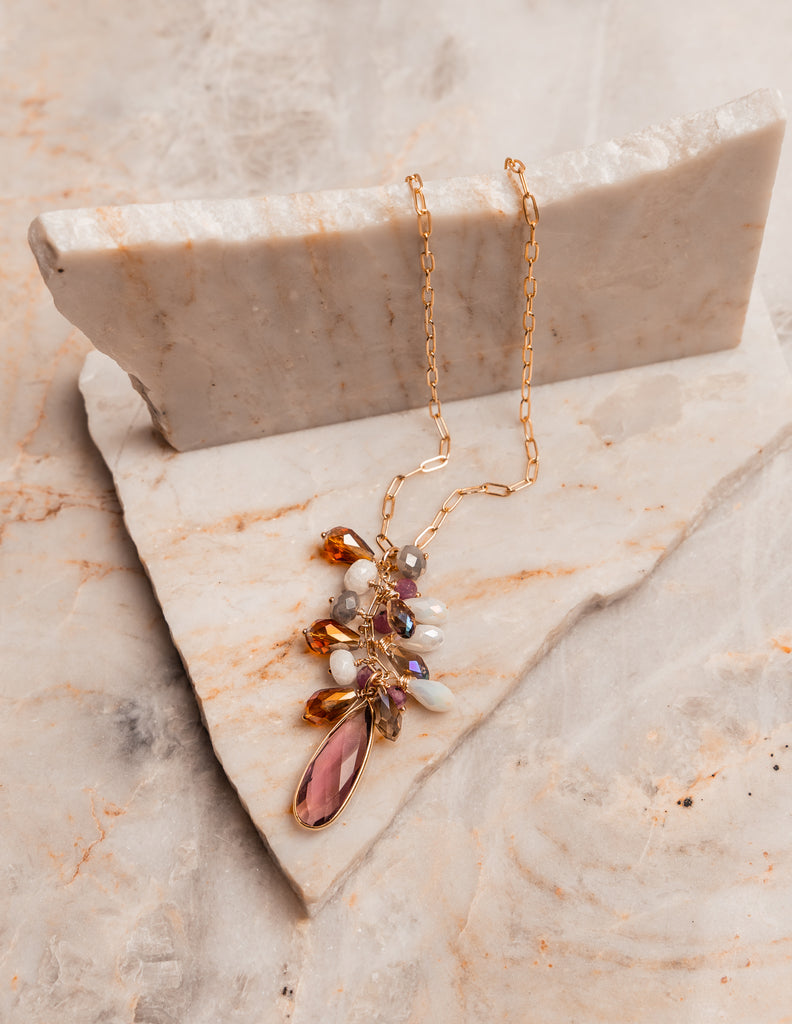 Handmade gemstone statement necklace – pink amethyst quartz focal and cascading beads.