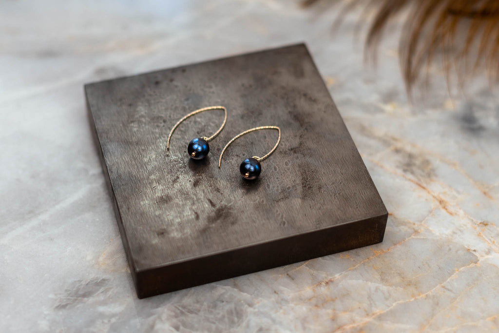 gold blue freshwater pearl earrings